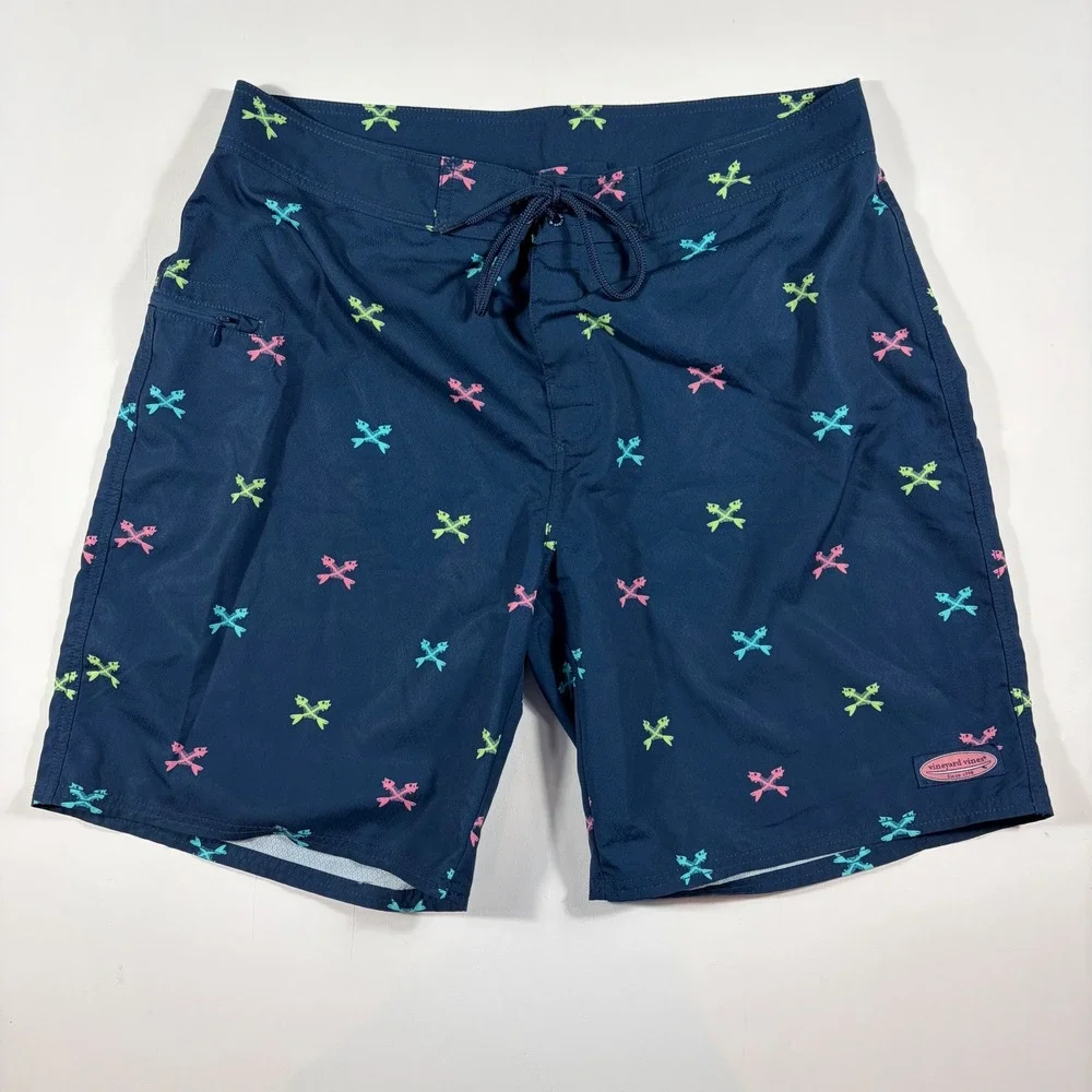 Vineyard Vines Board Shorts Mens 36 Neon Fish Bone Print Navy Blue AOP